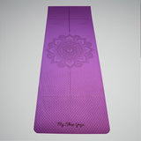 Jukkal XL - Tapis de Yoga TPE double couche -  vue de face violet déroulé avec lignes de positions et mandala - My Shop Yoga