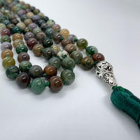 Ashiv - Mala de méditation - perles onyx vert et multicouleurs-médaillon argenté - pompon - My Shop Yoga