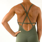 Alur - Combinaison de Yoga - Danse - Colori vert kaki -vue du dos - 2 bretelles croisées plus bretelle horizontale - My Shop Yoga