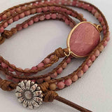 Silam -Bracelet Wrap Multi Tours Perles de Rhodonite - Vegan - vue détail pierre - My Shop Yoga